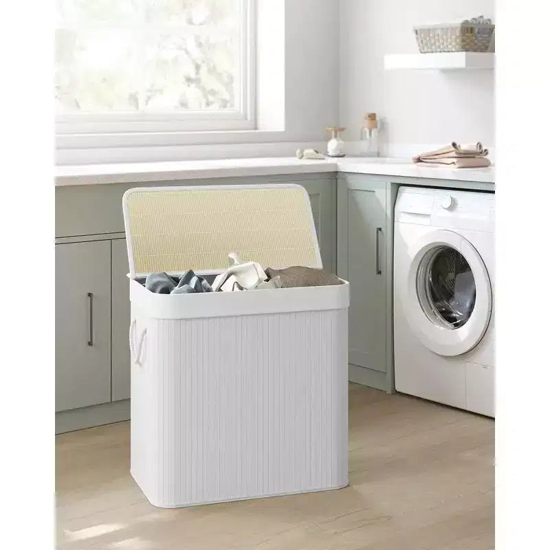 SONGMICS 39.6Gal (150L) Laundry Hamper, 3-Section Laundry Basket, Laundry Hamper with Lid, Bamboo, Foldable