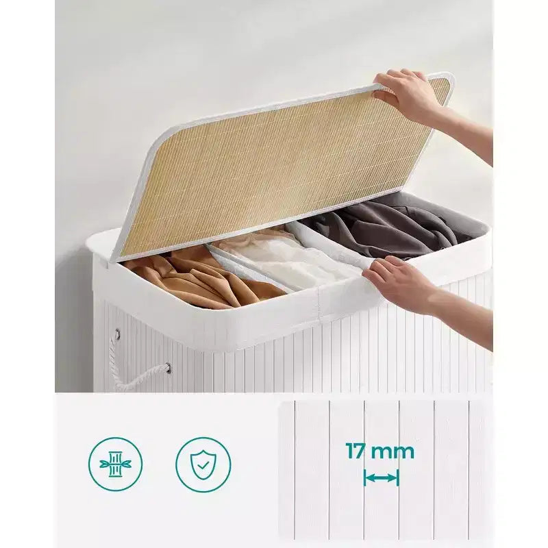 SONGMICS 39.6Gal (150L) Laundry Hamper, 3-Section Laundry Basket, Laundry Hamper with Lid, Bamboo, Foldable
