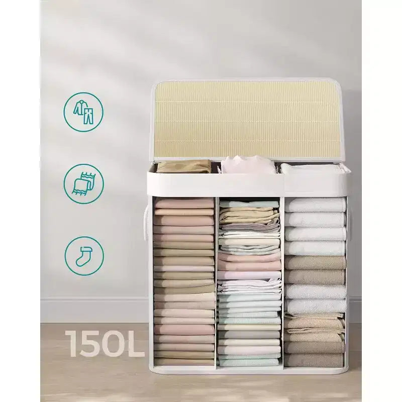 SONGMICS 39.6Gal (150L) Laundry Hamper, 3-Section Laundry Basket, Laundry Hamper with Lid, Bamboo, Foldable