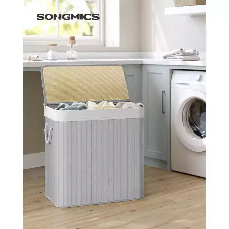 SONGMICS 39.6Gal (150L) Laundry Hamper, 3-Section Laundry Basket, Laundry Hamper with Lid, Bamboo, Foldable