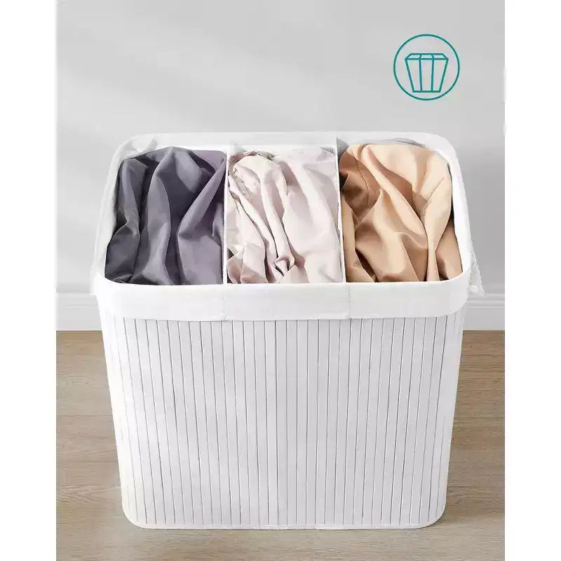SONGMICS 39.6Gal (150L) Laundry Hamper, 3-Section Laundry Basket, Laundry Hamper with Lid, Bamboo, Foldable