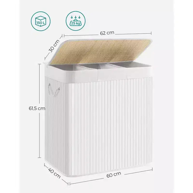 SONGMICS 39.6Gal (150L) Laundry Hamper, 3-Section Laundry Basket, Laundry Hamper with Lid, Bamboo, Foldable