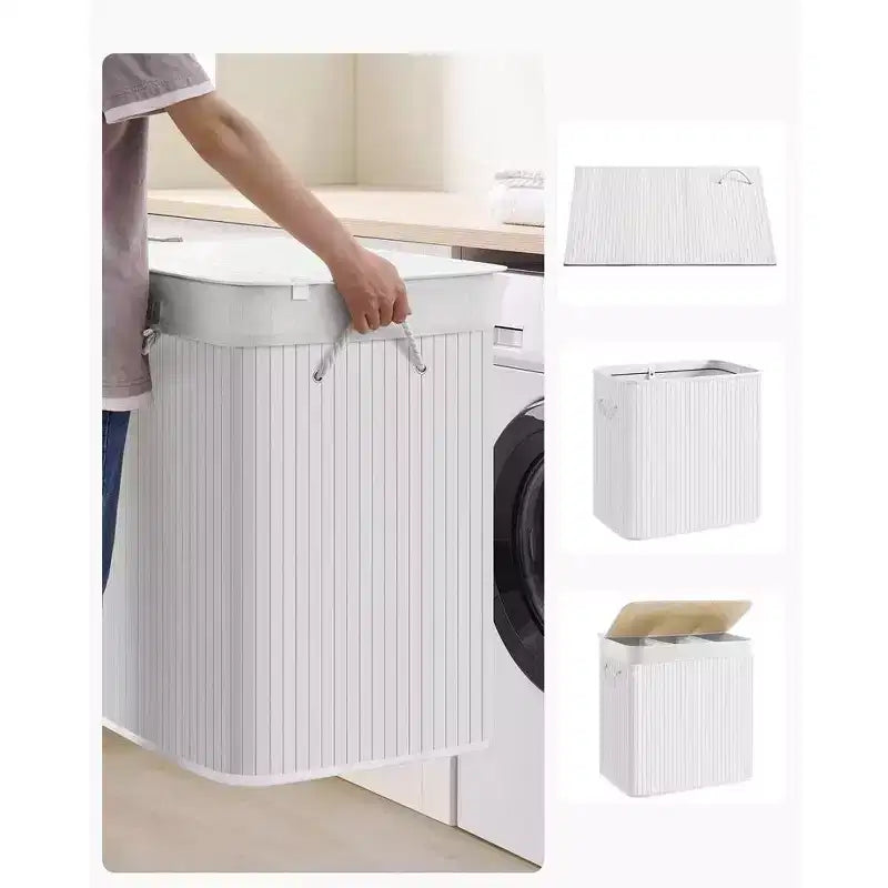 SONGMICS 39.6Gal (150L) Laundry Hamper, 3-Section Laundry Basket, Laundry Hamper with Lid, Bamboo, Foldable