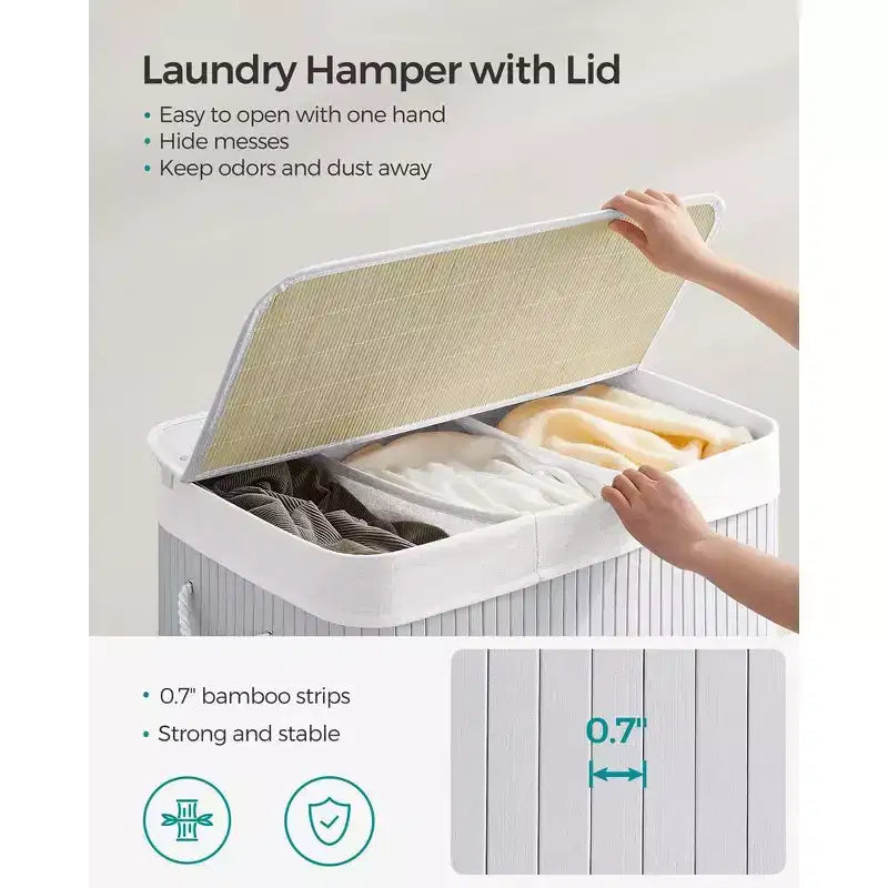 SONGMICS 39.6Gal (150L) Laundry Hamper, 3-Section Laundry Basket, Laundry Hamper with Lid, Bamboo, Foldable