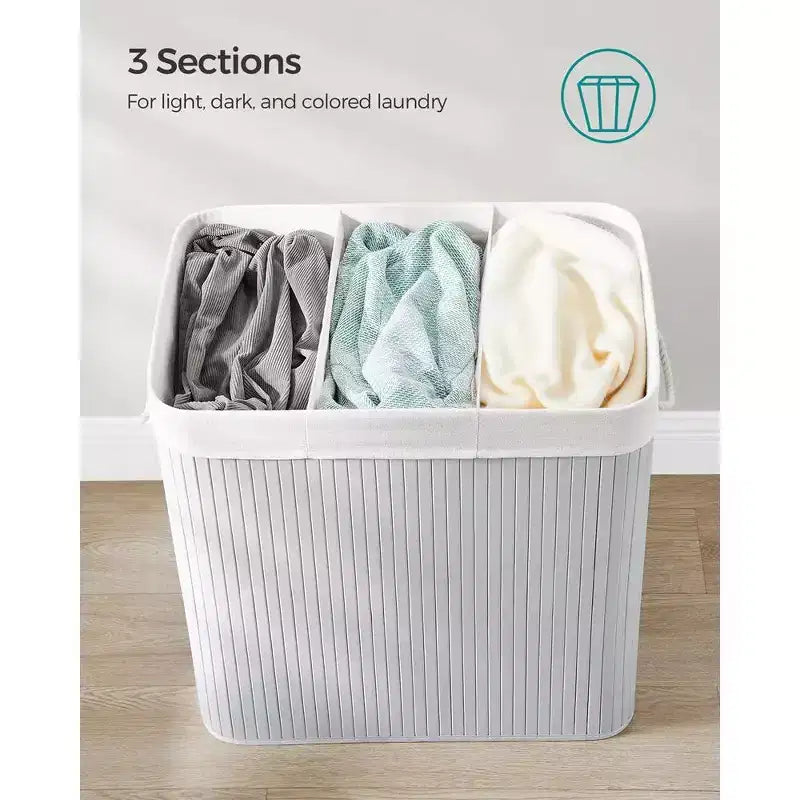 SONGMICS 39.6Gal (150L) Laundry Hamper, 3-Section Laundry Basket, Laundry Hamper with Lid, Bamboo, Foldable