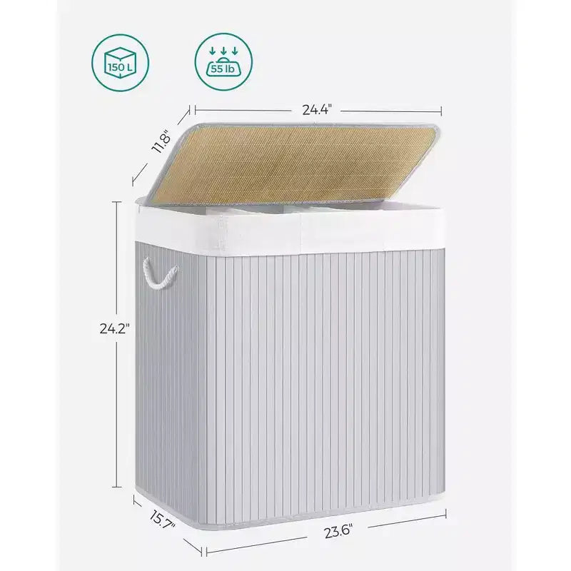 SONGMICS 39.6Gal (150L) Laundry Hamper, 3-Section Laundry Basket, Laundry Hamper with Lid, Bamboo, Foldable