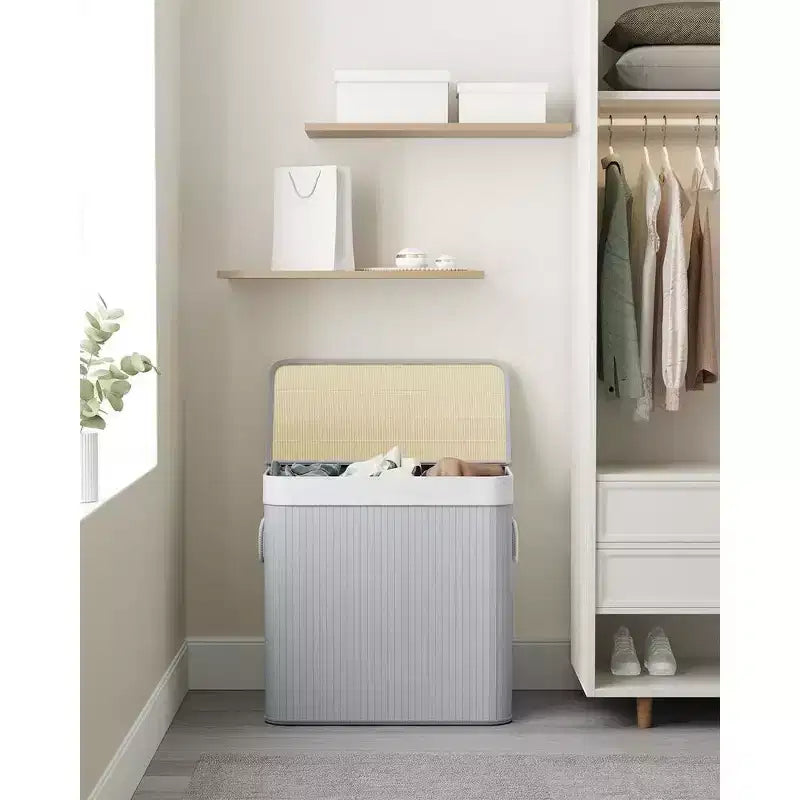 SONGMICS 39.6Gal (150L) Laundry Hamper, 3-Section Laundry Basket, Laundry Hamper with Lid, Bamboo, Foldable