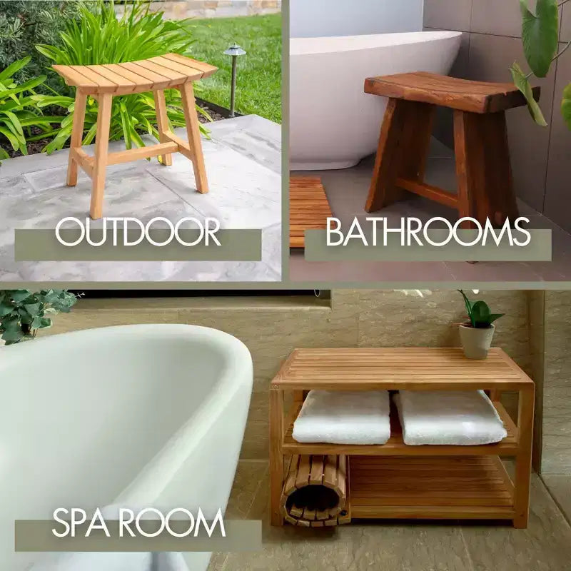 Nordic Teak 30 Natural Shower and Bath Curved Spa Bench with Shelf - Beige