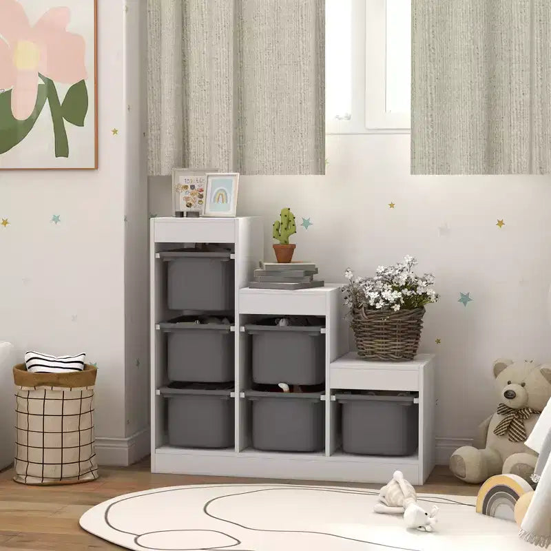 Qaba Meuble de Rangement pour Jouets Enfants avec 6 Bacs de Rangement et 3 Niveaux, Étagère à Livres pour Enfants de 3 à 8 Ans, Salle de Jeux, Chambre à Coucher, Gris