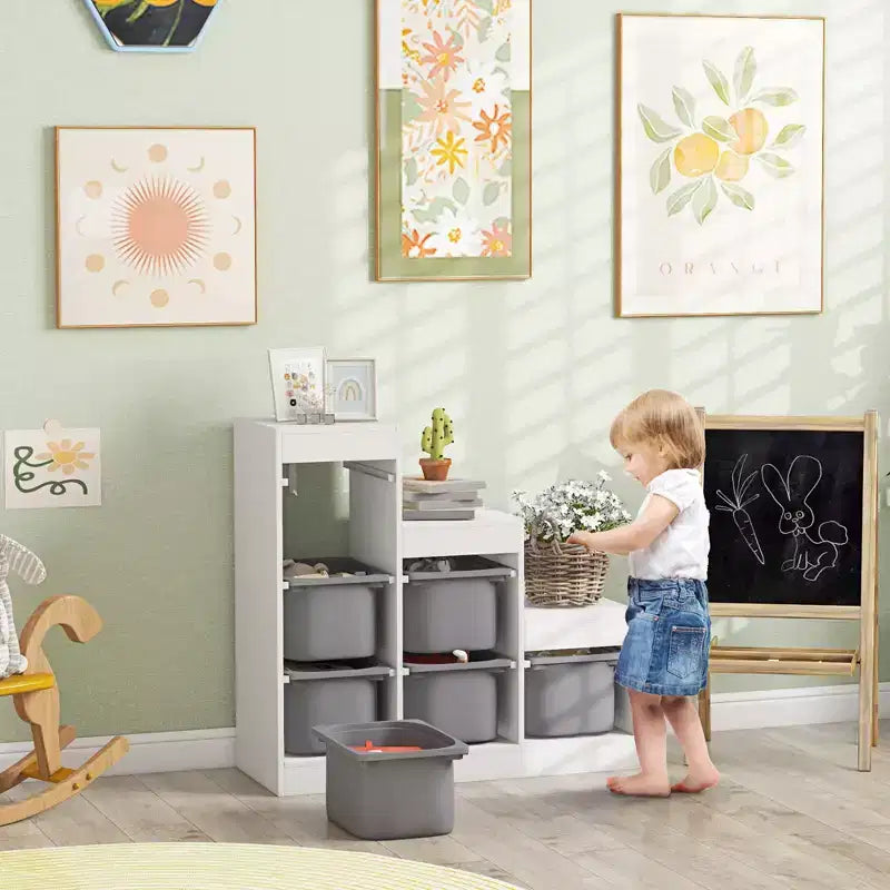 Qaba Meuble de Rangement pour Jouets Enfants avec 6 Bacs de Rangement et 3 Niveaux, Étagère à Livres pour Enfants de 3 à 8 Ans, Salle de Jeux, Chambre à Coucher, Gris