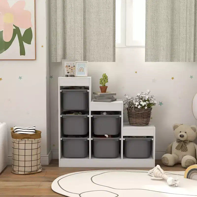 Qaba Meuble de Rangement pour Jouets Enfants avec 6 Bacs de Rangement et 3 Niveaux, Étagère à Livres pour Enfants de 3 à 8 Ans, Salle de Jeux, Chambre à Coucher, Gris