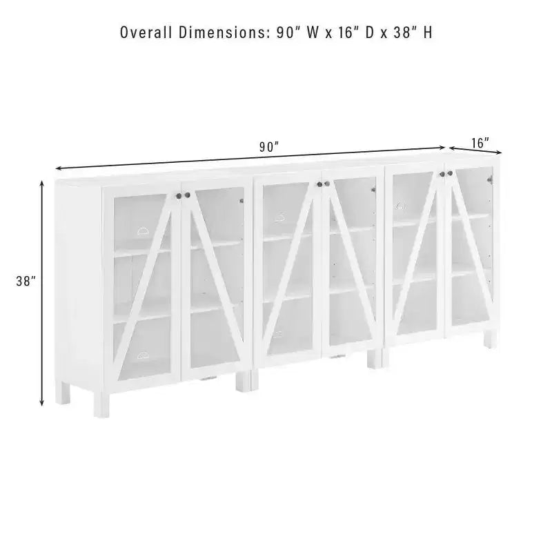 Crosley 90" Cassai 3pc Media Sideboard Cabinet Set of 3 Storage Pantries Modern Farmhouse Style, Adjustable Shelves