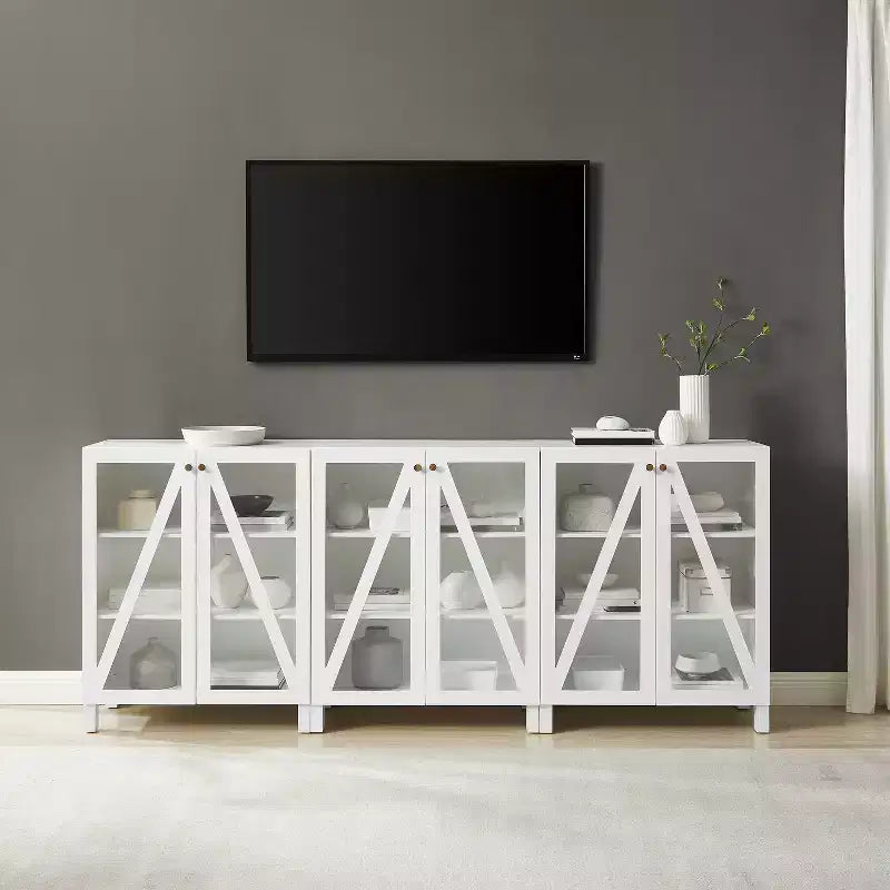 Crosley 90" Cassai 3pc Media Sideboard Cabinet Set of 3 Storage Pantries Modern Farmhouse Style, Adjustable Shelves
