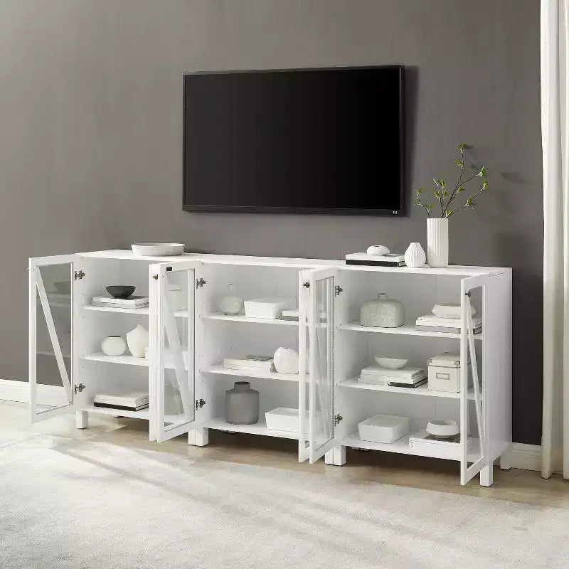 Crosley 90" Cassai 3pc Media Sideboard Cabinet Set of 3 Storage Pantries Modern Farmhouse Style, Adjustable Shelves