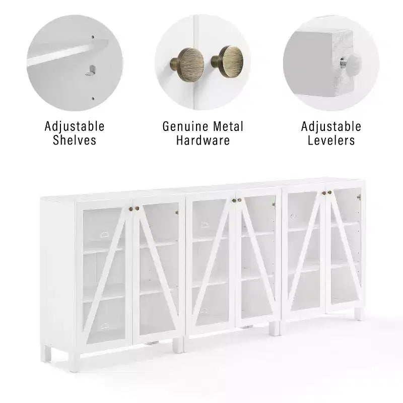 Crosley 90" Cassai 3pc Media Sideboard Cabinet Set of 3 Storage Pantries Modern Farmhouse Style, Adjustable Shelves