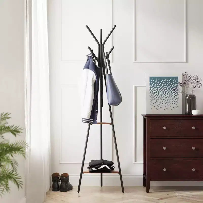 Appendiabiti da terra, Attaccapanni verticale, Mobile ingresso con 2 ripiani, per vestiti, cappelli, borse, stile industriale