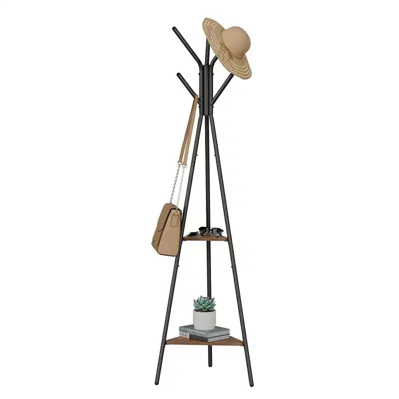 Appendiabiti da terra, Attaccapanni verticale, Mobile ingresso con 2 ripiani, per vestiti, cappelli, borse, stile industriale