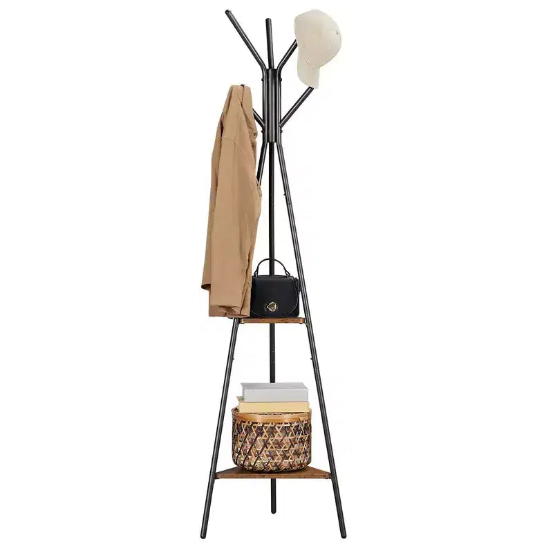 Appendiabiti da terra, Attaccapanni verticale, Mobile ingresso con 2 ripiani, per vestiti, cappelli, borse, stile industriale