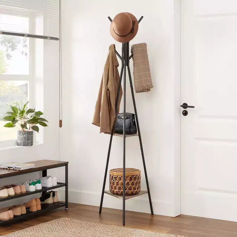 Appendiabiti da terra, Attaccapanni verticale, Mobile ingresso con 2 ripiani, per vestiti, cappelli, borse, stile industriale