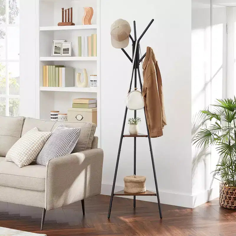 Appendiabiti da terra, Attaccapanni verticale, Mobile ingresso con 2 ripiani, per vestiti, cappelli, borse, stile industriale