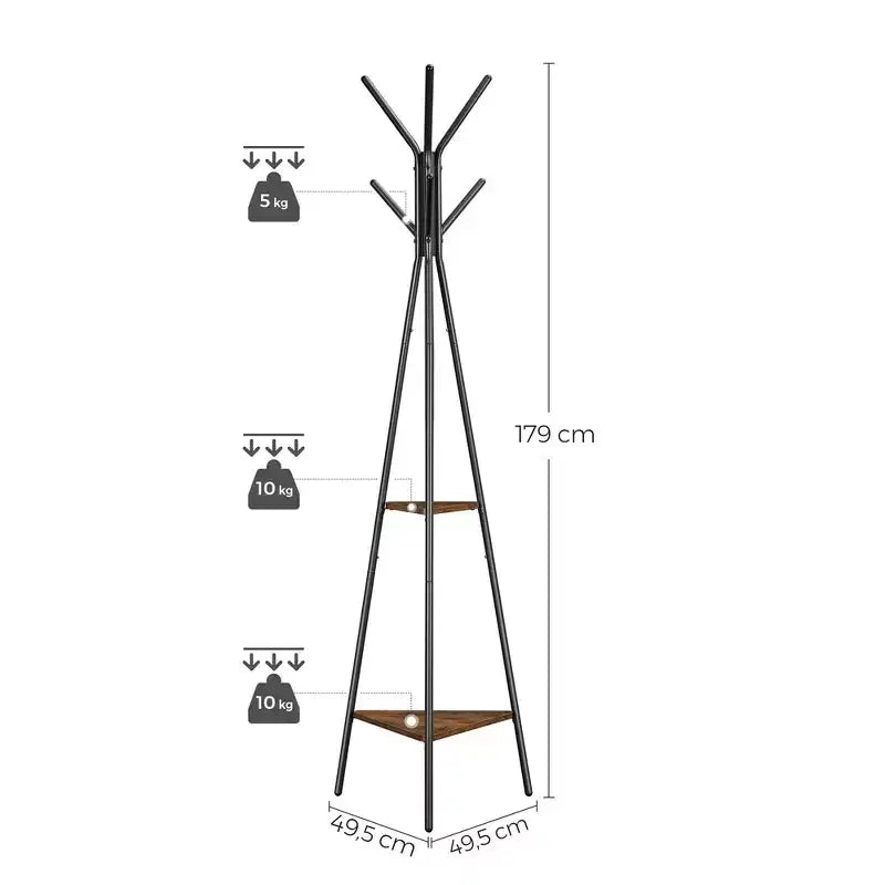 Appendiabiti da terra, Attaccapanni verticale, Mobile ingresso con 2 ripiani, per vestiti, cappelli, borse, stile industriale
