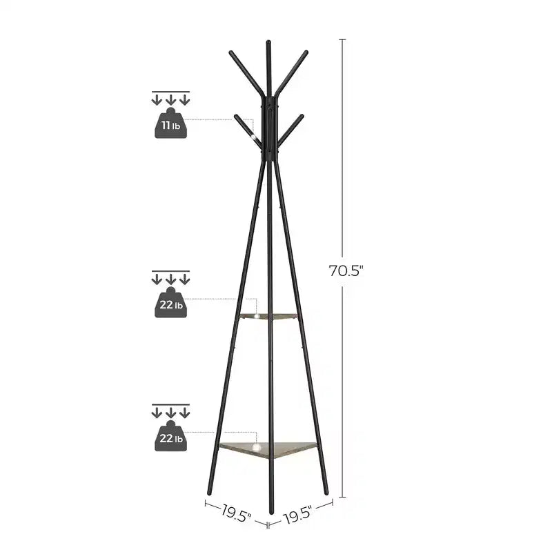 Appendiabiti da terra, Attaccapanni verticale, Mobile ingresso con 2 ripiani, per vestiti, cappelli, borse, stile industriale
