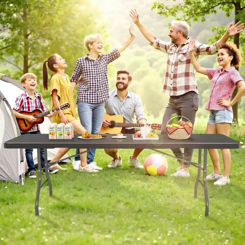 Table pliante de 1,5 m portable en plastique PEHD avec pieds en acier, rectangulaire, noire, pour intérieur et extérieur