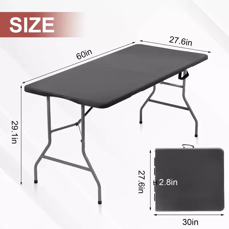 Table pliante de 1,5 m portable en plastique PEHD avec pieds en acier, rectangulaire, noire, pour intérieur et extérieur