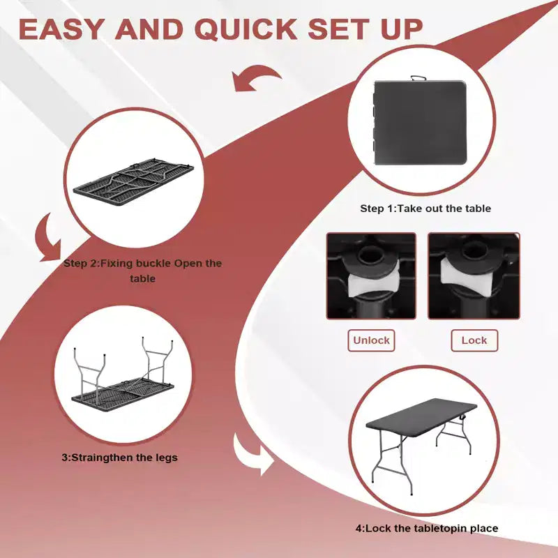 Table pliante de 1,5 m portable en plastique PEHD avec pieds en acier, rectangulaire, noire, pour intérieur et extérieur