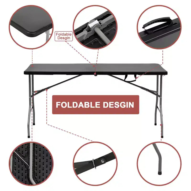 Table pliante de 1,5 m portable en plastique PEHD avec pieds en acier, rectangulaire, noire, pour intérieur et extérieur