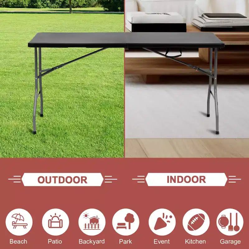 Table pliante de 1,5 m portable en plastique PEHD avec pieds en acier, rectangulaire, noire, pour intérieur et extérieur
