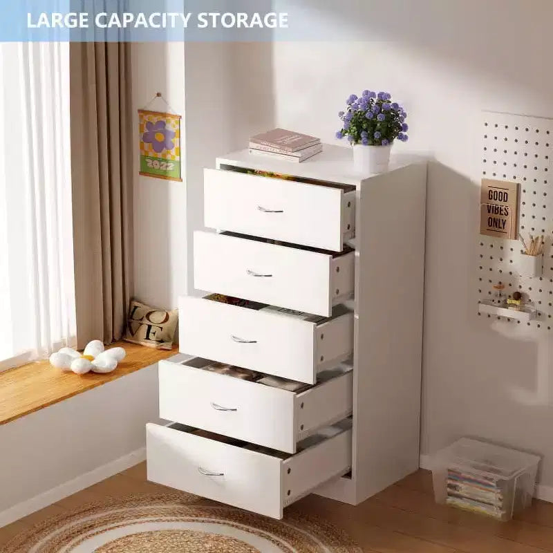 5-Drawer White Wood Dresser Tall Storage with Metal Handles