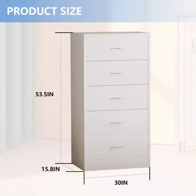 5-Drawer White Wood Dresser Tall Storage with Metal Handles