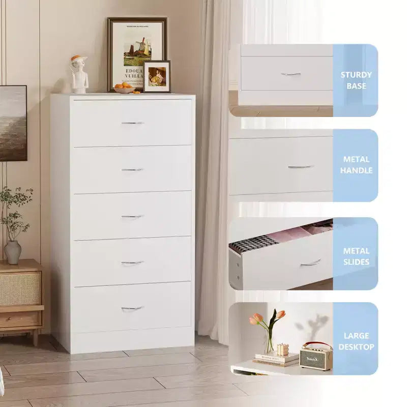 5-Drawer White Wood Dresser Tall Storage with Metal Handles