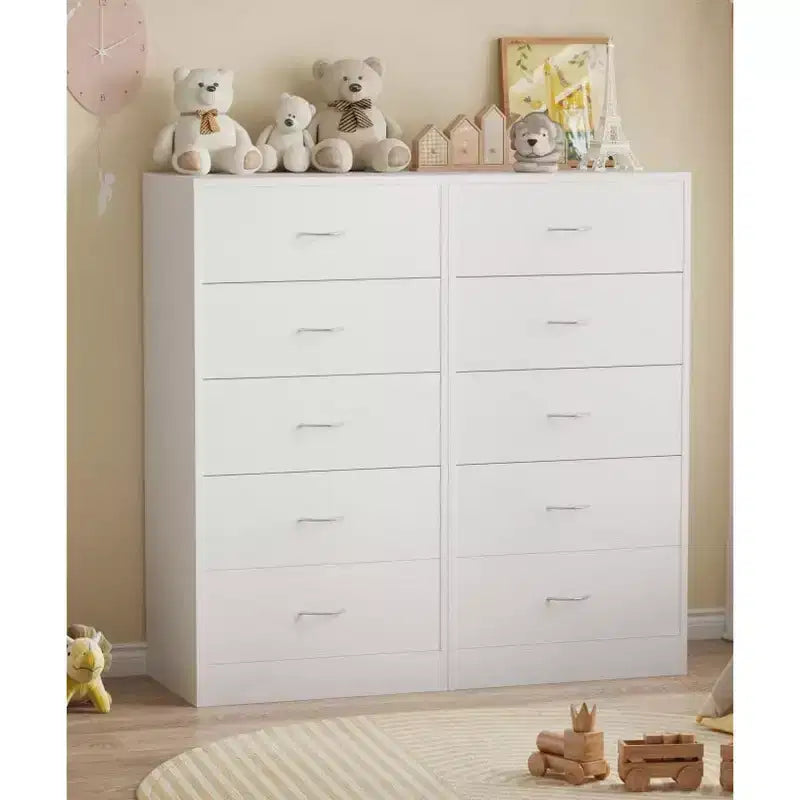 5-Drawer White Wood Dresser Tall Storage with Metal Handles