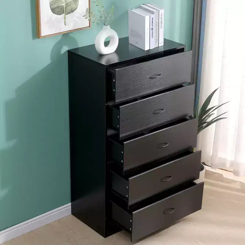 5 Drawer Dresser for Bedroom Tall Modern Chest of Drawers Steel Frame MDF Storage Black