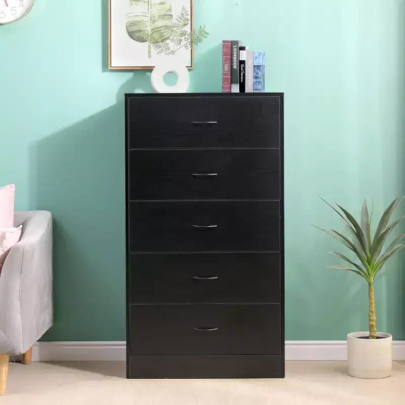 5 Drawer Dresser for Bedroom Tall Modern Chest of Drawers Steel Frame MDF Storage Black