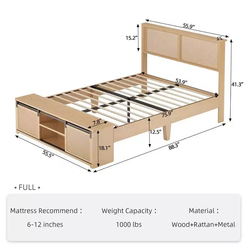 Whizmax Natural Rattan Bed Frame with Sliding Barn Door Storage Cabinets and LED Light Headboard, Boho Farmhouse Wood Platform Bed