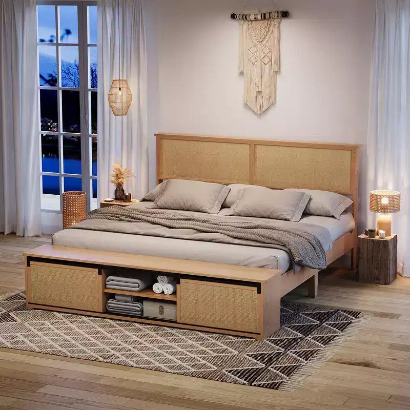 Whizmax Natural Rattan Bed Frame with Sliding Barn Door Storage Cabinets and LED Light Headboard, Boho Farmhouse Wood Platform Bed