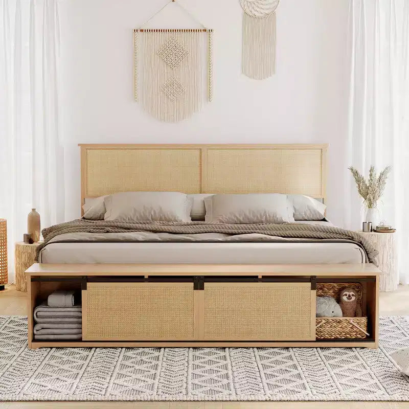Whizmax Natural Rattan Bed Frame with Sliding Barn Door Storage Cabinets and LED Light Headboard, Boho Farmhouse Wood Platform Bed