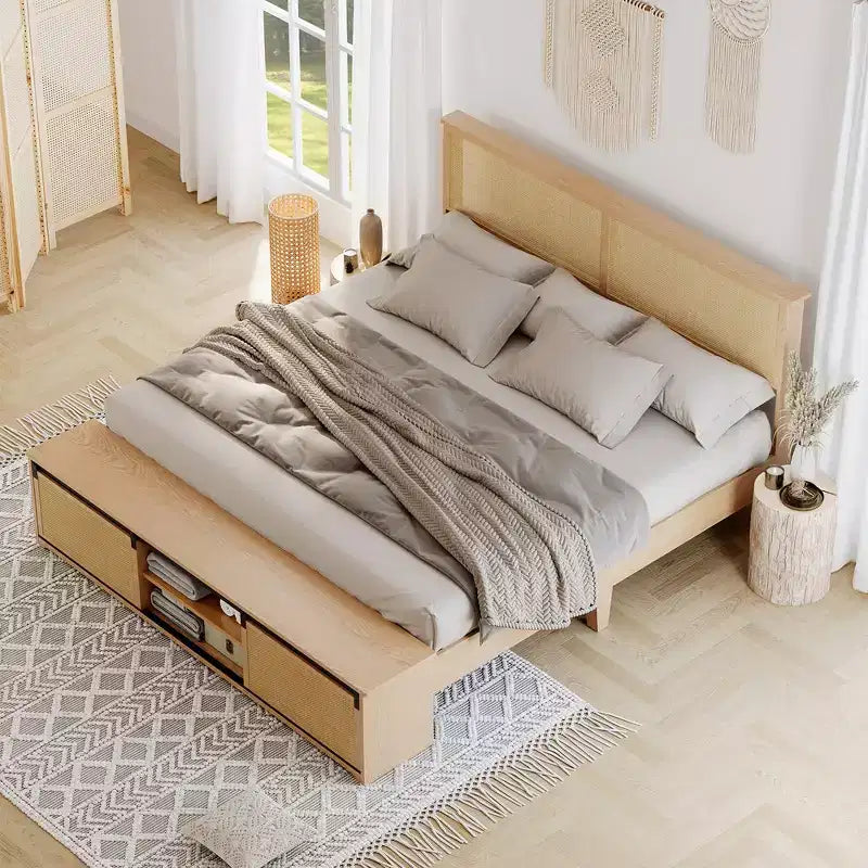 Whizmax Natural Rattan Bed Frame with Sliding Barn Door Storage Cabinets and LED Light Headboard, Boho Farmhouse Wood Platform Bed