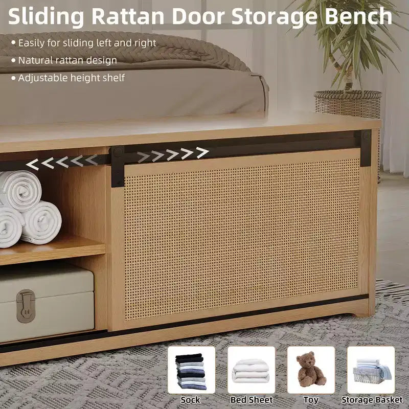 Whizmax Natural Rattan Bed Frame with Sliding Barn Door Storage Cabinets and LED Light Headboard, Boho Farmhouse Wood Platform Bed