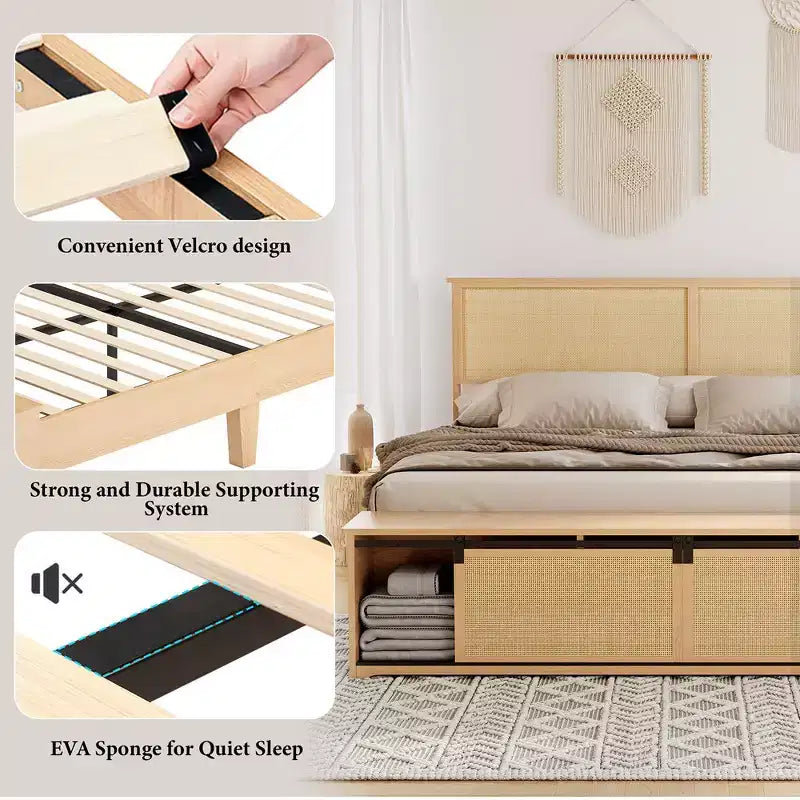 Whizmax Natural Rattan Bed Frame with Sliding Barn Door Storage Cabinets and LED Light Headboard, Boho Farmhouse Wood Platform Bed