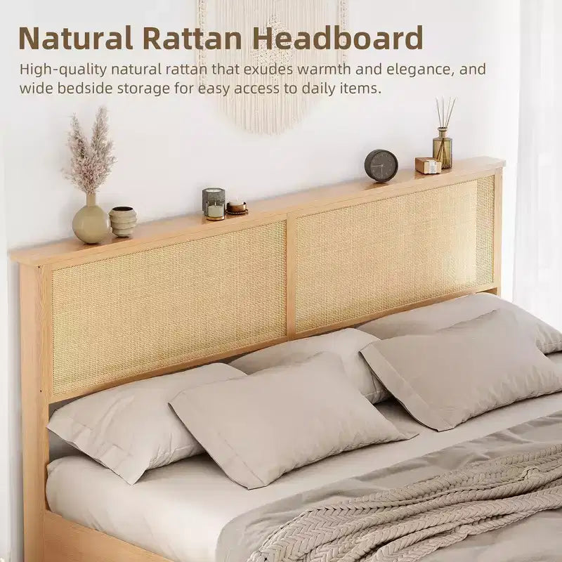 Whizmax Natural Rattan Bed Frame with Sliding Barn Door Storage Cabinets and LED Light Headboard, Boho Farmhouse Wood Platform Bed