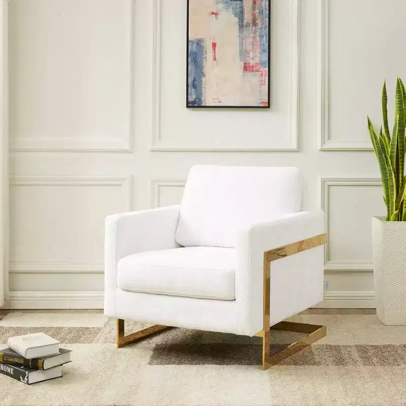 Fauteuil d'appoint LeisureMod Lincoln rembourré en bouclette avec cadre en acier inoxydable doré