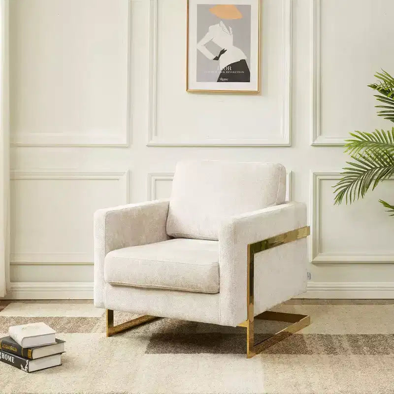 Fauteuil d'appoint LeisureMod Lincoln rembourré en bouclette avec cadre en acier inoxydable doré