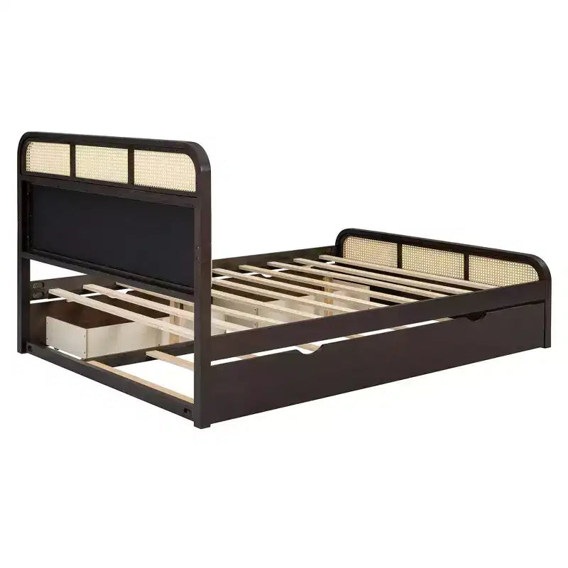 Queen Size Wooden Platform Bed with Trundle and 2 Drawers, Rattan Accents Bed 4S - ModernLuxe