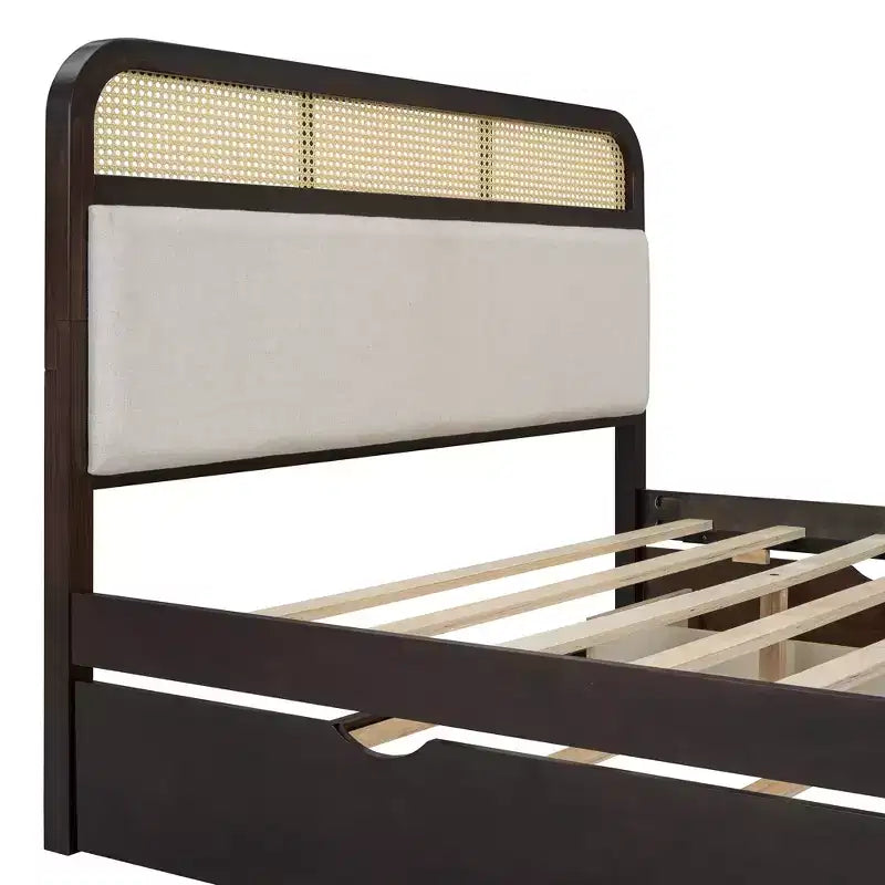 Queen Size Wooden Platform Bed with Trundle and 2 Drawers, Rattan Accents Bed 4S - ModernLuxe