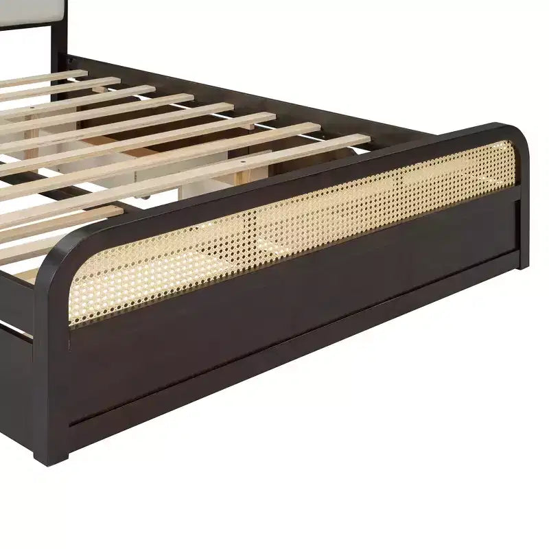 Queen Size Wooden Platform Bed with Trundle and 2 Drawers, Rattan Accents Bed 4S - ModernLuxe