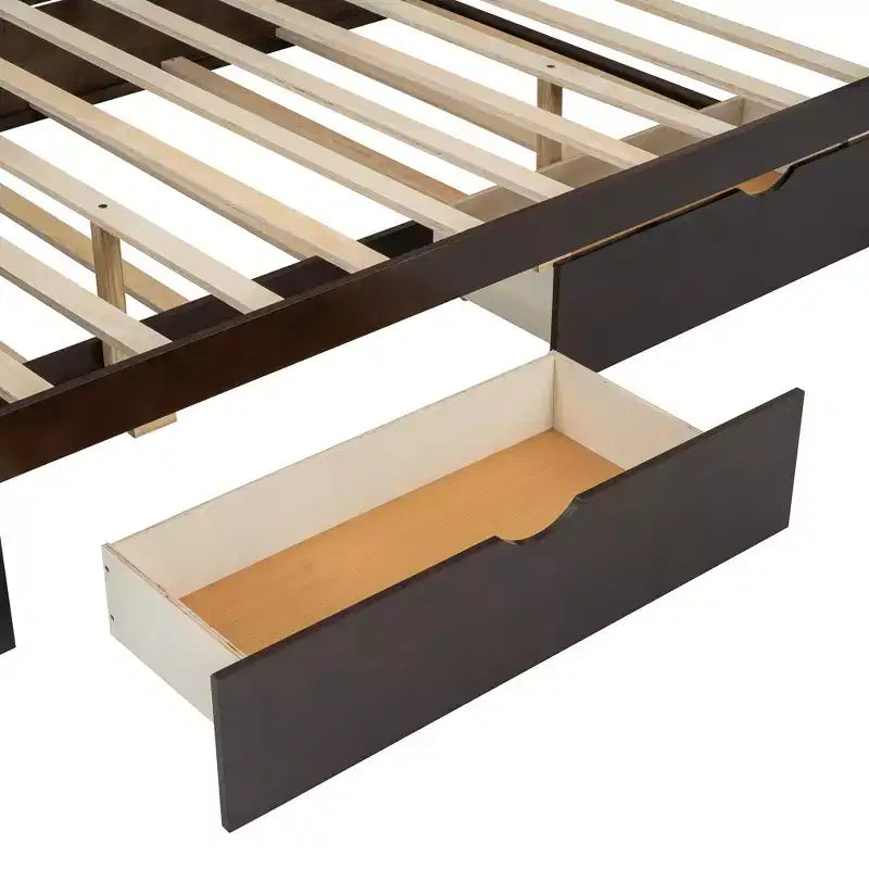 Queen Size Wooden Platform Bed with Trundle and 2 Drawers, Rattan Accents Bed 4S - ModernLuxe